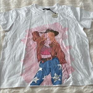 Stylish White Tee with Pink and Blue Graphic